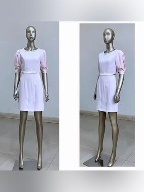 Light Pink Pearl-Trim Mini Dress with Puff Sleeves